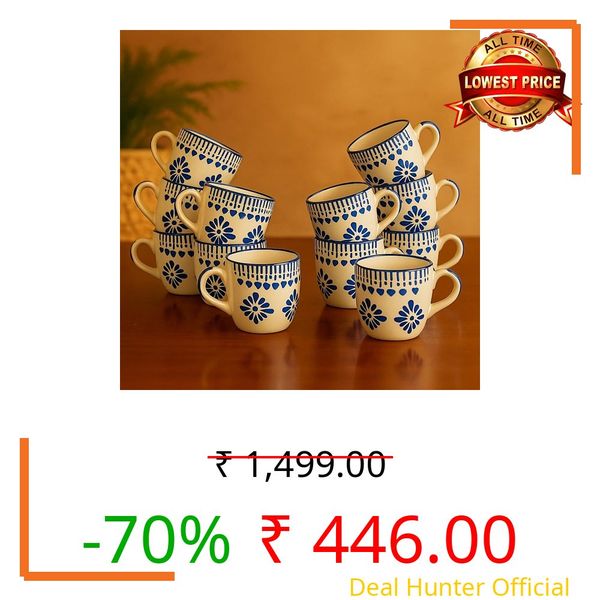 HandPainted Ceramic Tea Cups Set of 12 Small Coffee Chai Serving Mug Microwave Safe | Ideal Gift for Anniversary, Housewarming Parties | Gifts Set for Family&Friends 100 ML Each (Blue Floral Jhallar)