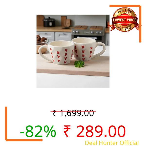 Handmade Ceramic Coffee Mug with Heart Print Design | Cute Valentine Gift Cup for Tea & Coffee | Glossy Finish | 300 ML (Red Heart Print, Set of 2)