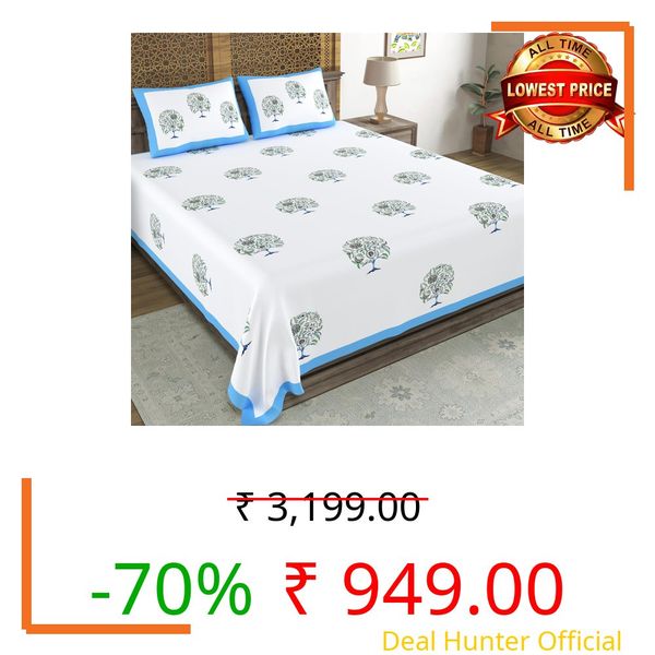 BLOCKS OF INDIA Hand Block Printed 200 TC Cotton King Size Bedsheet (Blue Tree of Life)