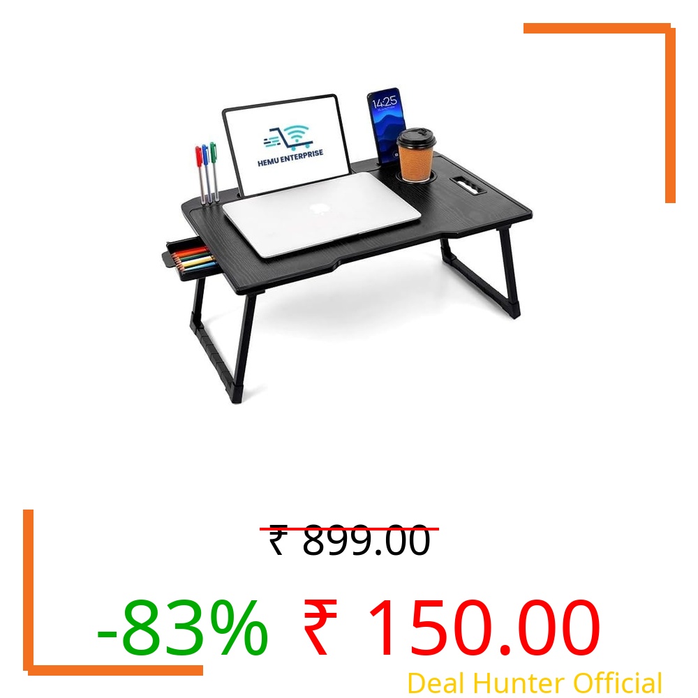 Smart Multipurpose Foldable Laptop Table with Cup Holder, Study Table, Bed Table, Breakfast Table, Foldable and Portable/Ergonomic & Rounded Edges/Non-Slip Legs (Black)