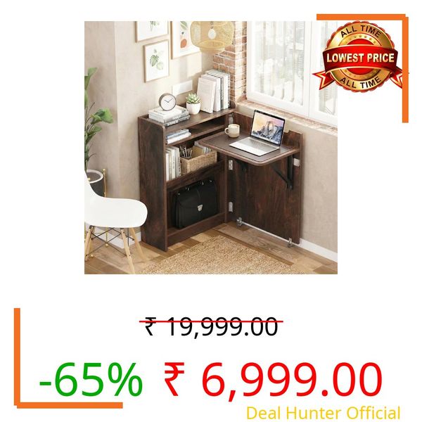 Klaxon Study Table Foldable with Storage & Bookshelf | Compact Study Table for Students Foldable | Engineered Wood Office Table for Home & Computer Table | Folding Table for Home with Lockable Wheels