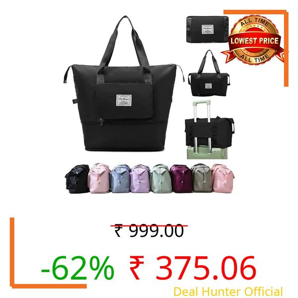 Etailista Foldable Travel Bag for Women & Men - Expandable Large Capacity Waterproof Duffle Handbag with Shoe Compartment, Lightweight Multipurpose Luggage Tote Bag (Normal, Black)