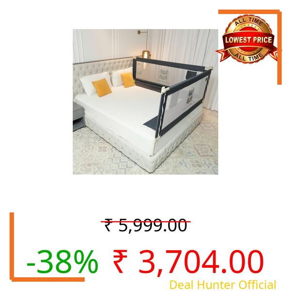 Kids Station Premium 2-Side Baby Bed Rail Guard, 180x160 cm (6ft x 5.3ft), Bed Safety Barrier with Anti-Suffocation Cloth, Adjustable Height, Portable & Foldable Design, Made in India, Dark Grey