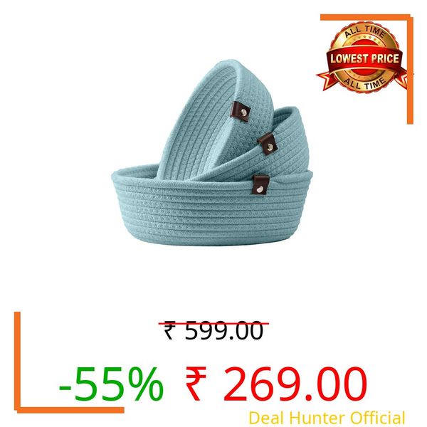 Handwoven Jute Rope Storage Basket Set of 3, Rectangular, Natural Finish, with Leather Handles, for Storage and Organisation (Aqua)