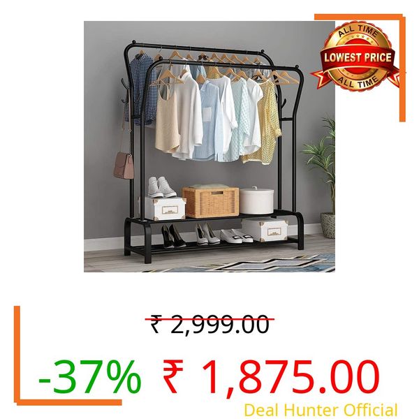 KEEKOS Single Pole Coat Hanger/Cloth Stand/Garment Stand with Bottom Shelves - Metal Garment Rack for Organized Storage 8 Hook (Multi) (Black)