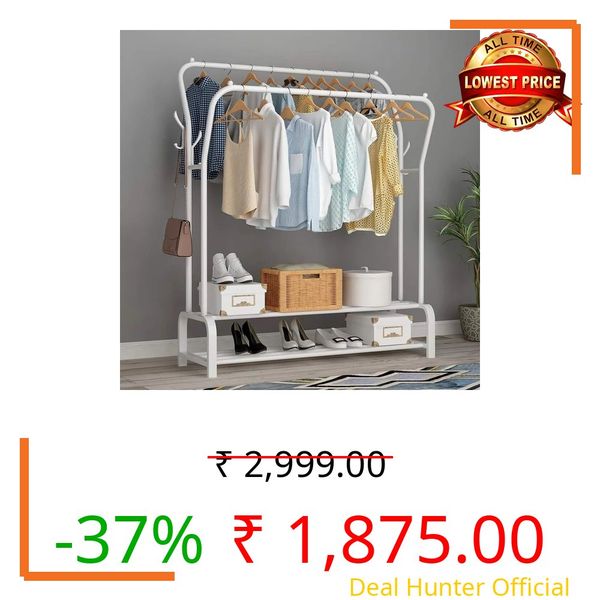 KEEKOS Single Pole Coat Hanger/Cloth Stand/Garment Stand with Bottom Shelves - Metal Garment Rack for Organized Storage 8 Hook (Multi) (White-1)