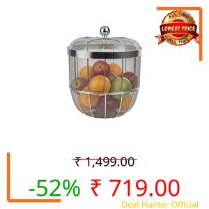 Decorative Insect-Resistant Fruit & Vegetable Basket with Lid | Metal Mesh (Jaali) Design Storage Basket for Kitchen Countertop, Dining Table & Living Room (Silver)