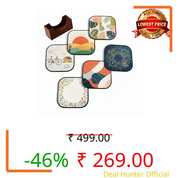 Wooden Designer Coaster Set of 6 with Stand | 4x4 Inch Square Multicolor Tea Coffee Coasters for Cups, Mugs & Glasses | Stylish Table Coasters for Home & Office