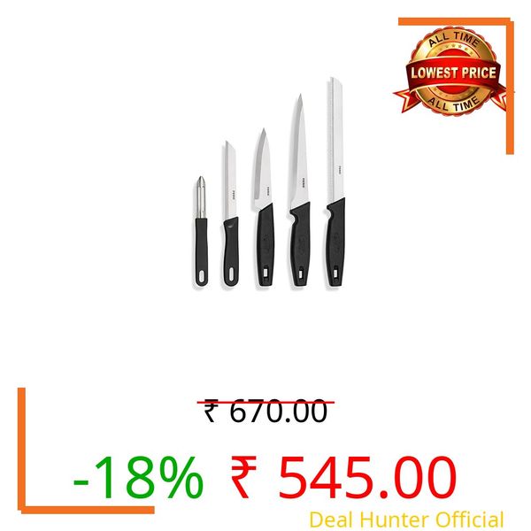 Rena Daily Kitchen Knife Set, 5 Piece Stainless Steel Cooking Starter Set for Kitchen Use, Sharp Knives for Cutting & Slicing Fruits, Vegetables, Bread & Vegetable Peeler for Shredding, Black Handles