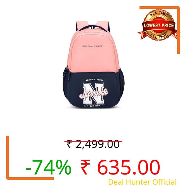 United Colors of Benetton Backpack Flux - Peach | Printed High School Bag With 3 CompartMen'sts, Airmesh Padding & 1-Year Warranty - 25L Capacity | Daypack For School Girls & Boys