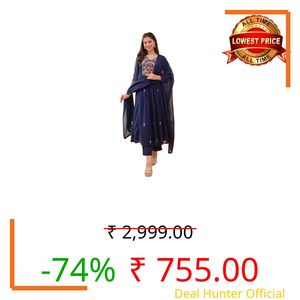 KLOSIA Women Embroidery Solid Anarkali Kurta and Pant Set with Dupatta (in, Alpha, 4XL, Blue)