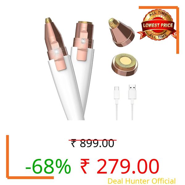 2-in-1 Eyebrow Trimmer for Women - Facial Hair Remover Machine For Women - Face,Upper Lips,Cheek, Chin and Nose Hair Remover, USB RECHARGEABLE Epilator With Ring Light (White)