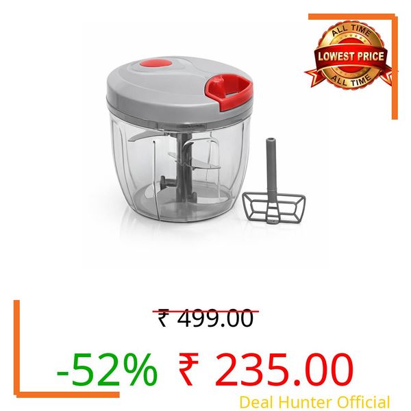 Homzo Manual Vegetable Chopper with 5 Stainless Steel Blades and 1 Plastic Whisker, Handy Onion and Multipurpose Food Cutter for Kitchen (Grey, 900 ML)