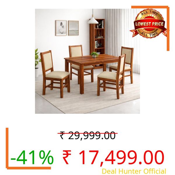 SONA ART & CRAFTS Cresta Solid Sheesham Wood Dining Table Set of 4 Seater Dinner Dinning Table with 4 Cushion Chair Dining Furniture for Living Room Home Hotel Office Self Assembly (Natural Finish)