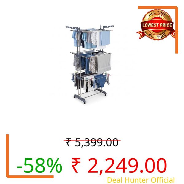 Amazon Basics 3-Tier Stainless Steel Cloth Drying Stand | Foldable with Wheels | 5.8 ft Drying Space, 26 Rods, 16 Hanger Slots | Indoor & Outdoor Use | 174 cm