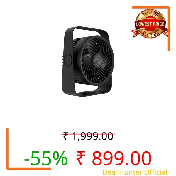 Zebronics Heat Buster 300, Portable Desk Fan, Upto 13h Backup, 3600mAh Rechargeable Battery, 360° Rotatable fan, 4 Speed + 1 Breeze Mode, Wall-Mountable, for Travel, Office, Home (Black)