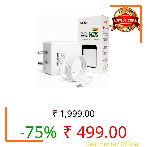 Addtam 80W Supervooc Fast Charger with C-Type 1M Cable|65w USB C Charge Compatible with OnePlus/Nord/Realme/Oppo/Redmi/Tecno/Poco/iQOO/Samsung/Motorola/Lava/Vivo/Infinix |80-watt Charging, White