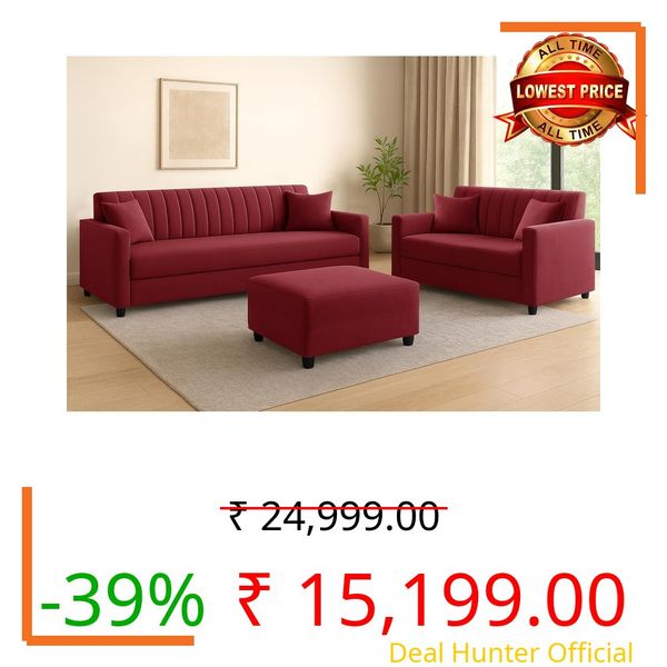 DIVISHA HOMES 3 + 2 Seater Sofa Set Wooden Comfortable Velvet Fabric Five Seater Sofa Set with Ottoman Stylish & Space Saving Design for Home & Office, Guest Room - Red