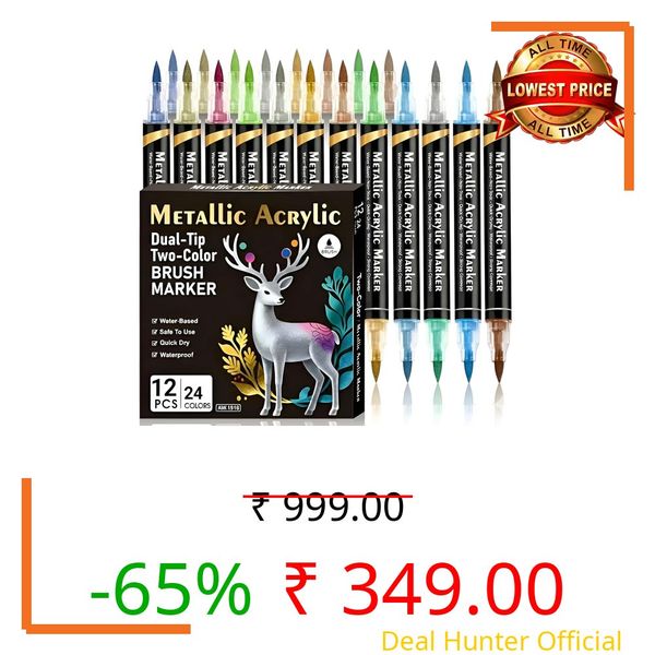JOLLIFFE Metallic Acrylic Paint Markers Dual Tip Brush Pens (12 Pcs, 24 Colors) – Water-Based Quick Dry Waterproof Paint Pens for Rock Painting, Calligraphy, Canvas, Wood, Glass & DIY Crafts