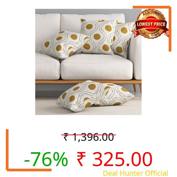 HUESLAND Premium Cotton Cushion Cover 12 inch x 12 inch | Decorative Square Throw Pillow Covers Set for Sofa, Living Room & Bedroom | Set of 5 | Natural, Golden Ochre & Bistre