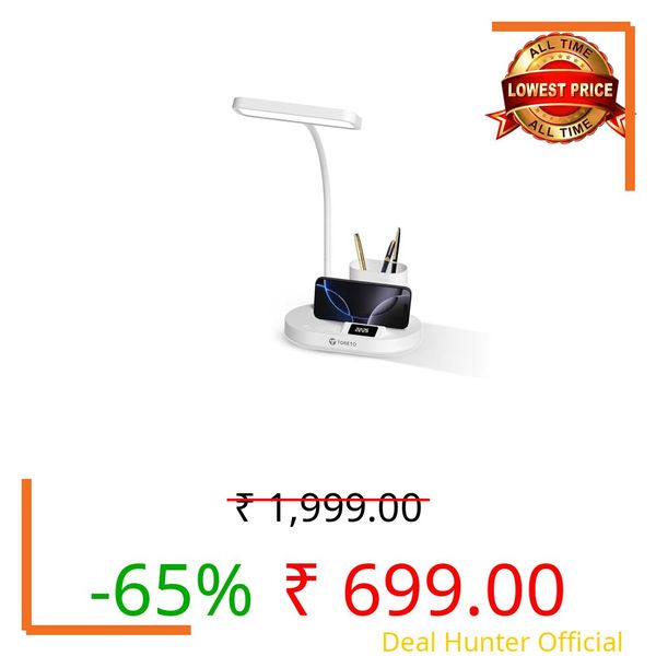 Toreto London Smart LED Desk Lamp with Digital Clock, 45-Min Timer, 3 Light Modes, Detachable Pen Holder, Touch Control, Type-C Charging, ABS Body (White)