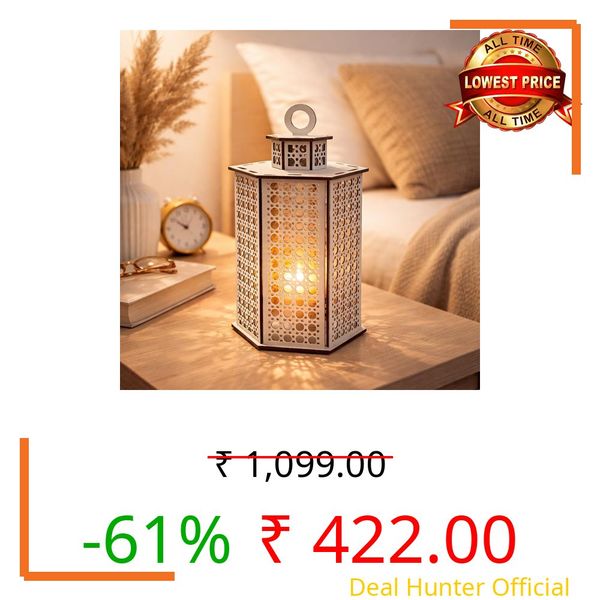 FA6 Wooden LED Lantern Lamp for Home Decor – Wooden Laser Cut Decorative Table Lantern Warm Light Night Lamp for Bedroom, Living Room, Ramadan & Eid Decoration 8 Inch, 5 Inch Width