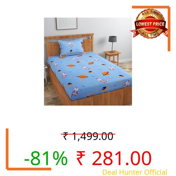 RD FABS Glace Cotton Wrinkle Free Soft Hypoallergenic Single Bed Sheet with 1 Pillow Cover | Cartoon Printed Astronaut Design for Boys & Girls Room | 60x90 Inches | Blue | 144 TC