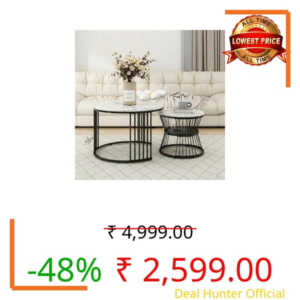 MELVON™ Lightweight Nesting Coffee Table Set of 2, Black Frame with White Marble Look Top, Round Center & Side Table for Home