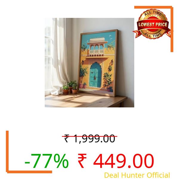 Livin'luxe Rajasthani Palace Door Wall Art with Wooden Frame | Yellow Haveli & Blue Door Traditional Architecture HD UV Laminated Print on MDF for Living Room Bedroom Office Decor 13.5 x 19.5 Inch
