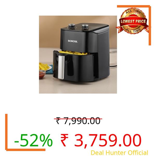 Borosil 4.5 L Best 1380W Air Fryer | 4 in 1 Function with QuickFry Technology, Auto Off Function | Air Fryer for Bake, Grill, Roast, Reheat etc. | 90% Less Oil | 2 Year Warranty | Black