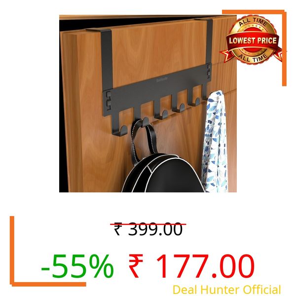 Solitude Heavy Duty Metal Over Door Hanger with 6 Hooks, Drill-Free Hanging Rack Organizer for Bathroom, Bedroom, Kitchen (Black)