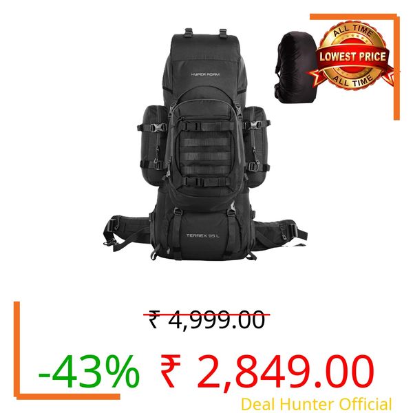 Hyper Adam 95 Ltr Rucksack With Detachable Hiking Backpack & Rain Cover for Trekking & Travelling | Mountain Bags For Men & Women| Backpack Military Grade Made With 3 Year Warranty (Black)