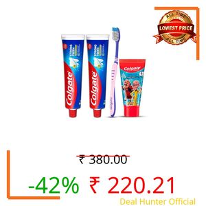 Colgate Strong Teeth Toothpaste, 300g, Bubblefruit Toothpaste for Kids (6+ years) 80g and Toothbrush (Combo Family Pack Offer)