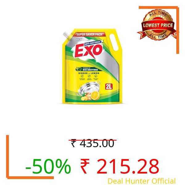 Exo Dishwash Liquid Refill Pack | Ginger & Lemon | Tough Grease Removal for Utensils | Anti-Bacterial Dishwashing Liquid | Bio-Enzyme Liquid Dishwash | No Residue Cleaning - 2L