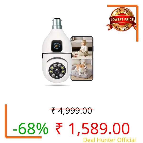 TP PLUS Dual Lens 4MP/8MP WiFi Smart Light Bulb Camera for Home | Full HD | Night Vision | Motion Detection | Two Way Audio | Wireless Indoor Security Camera with Mobile App (Dual Lens Light Camera)