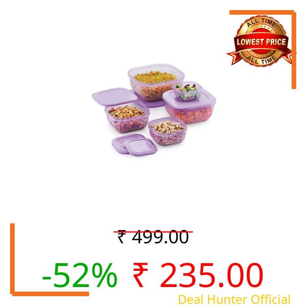 Mastercook Square Food Storage Containers Set of 5 with Airtight Lids (325ml, 650ml, 1200ml, 2000ml, 3200ml) | Multipurpose Kitchen & Fridge Containers | BPA Free | Lavender