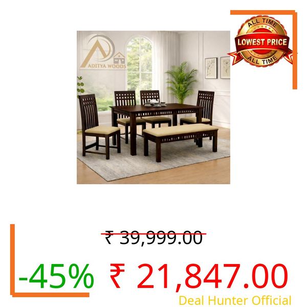 AADITYA WOODS Sheesham Wood 6 Seater Dining Table Set with Chairs & Bench for Living Room Home | Wooden Dining Table Set for Office Restaurant Dining Room Set-57x35x30 inch (Walnut kB1, 6 Seater)