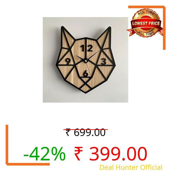 cozyloom Geometric Animal Wall Clock Modern Wooden Fox Shape Analog Wall Clock for Living Room Bedroom Office Home Wall Décor Decorative Round Design (Wood & Black Frame)