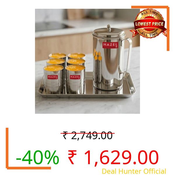 HAZEL Stainless Steel Kitchen Combo: Rectangular Serving Tray, 2000ml Tall Water Jug, and 350ml Amrapali Deep Line Glass | Elegant Dining & Gifting | Set of 8