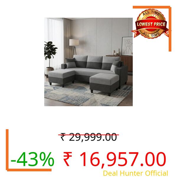 PLUSHMATE Cavo 5 Seater L Shape Sofa Set with 2 Movable Ottomans | Flexible Layout | Luxury Velvet Suede Fabric | Modern Living Room Sofa | Dark Grey-Light Grey