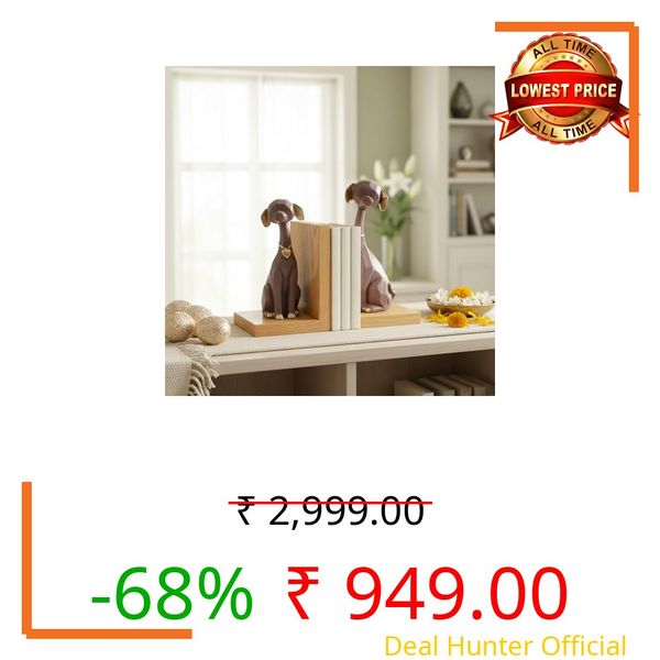 eCraftIndia Wooden Book End and Set of 2 Cute Dog Statues Animal Figurines Decorative Showpieces for Home Decor in Living Room Office