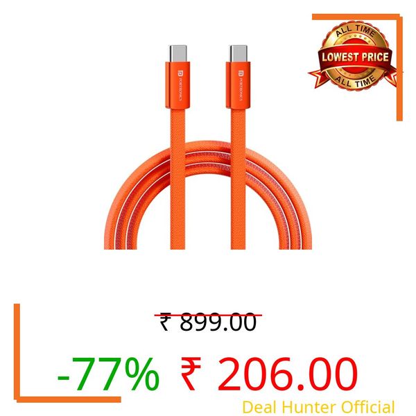 Portronics Flatro 60W Flat Design fast Charging Type C Cable, Strong Nylon Braided, Data Sync, Tangle Free Flat Design, Durable Aluminium Connector, Compatible With Type C Devices(Orange)
