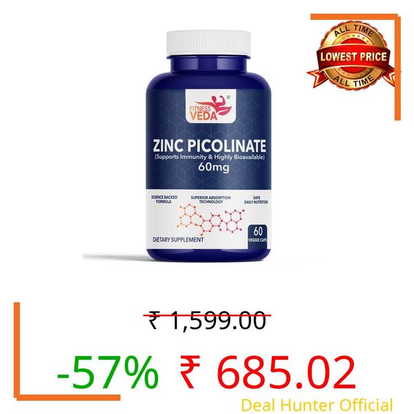 Fitness Veda Zinc Picolinate 60 mg Supplement | High Absorption, Cellular Health | Highly Bioavailable Capsules | Vegetarian Dietary Supplement | 60 Veggie Capsules