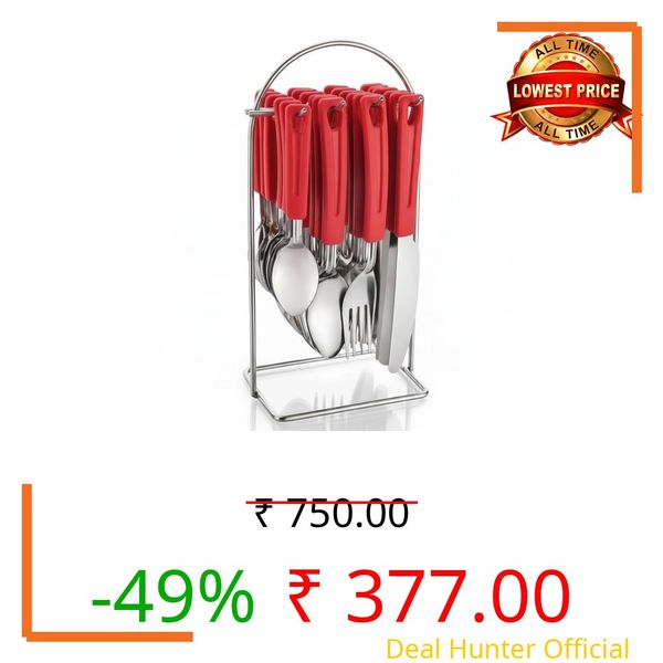 BLLUEX 24-Piece Stainless Steel Cutlery Set with Wire Stand, Rust-Resistant, Spoon, Fork, Tea Spoon, Butter Knife, Kitchen and Dining Utensil Set (RED)