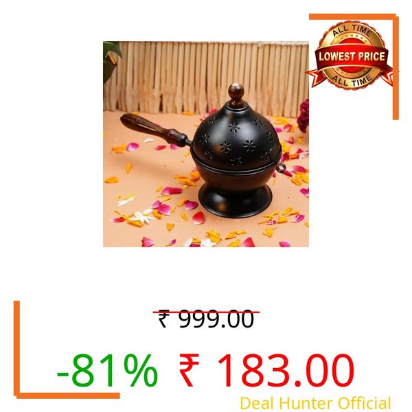 ARS Metal Dhoop Dani Incense Burner with Wooden Handle, Floral Cut-Out Design, Heat Resistant Loban Holder for Home Temple Puja, Meditation and Spiritual Gifting (Black)