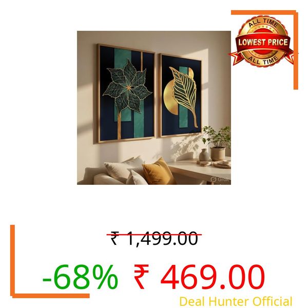 Livin'luxe Golden Leaf Wall Painting Set of 2 with Wooden Frames | Modern Botanical Leaf Artwork HD Sparkle Laminated MDF Wall Decor | Luxury Abstract Leaf Wall Art for Living Room