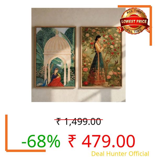 Livin'luxe Indian Traditional Garden Wall Painting Set of 2 with Wooden Frames | Vintage Royal Lady & Palace Garden Artwork HD Sparkle Laminated MDF Wall Decor for Living Room Bedroom Hallway