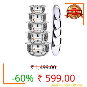 VIGNESHGENIX Stainless Steel Handi with Lid | 5 Pc Biryani Pot, Bhagona, Tope Patila Tapeli Set | Heavy Bottom Multipurpose Kitchen Cooking & Serving Vessels