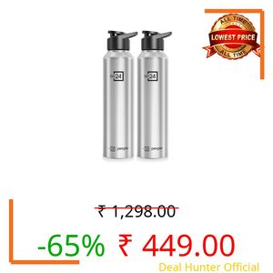 Go24 pexpo Water Bottle 1 ltr Stainless Steel Sports/Fridge Bottle with Sipper Cap (Pack of 2)| 1-Year Warranty | Single Wall | For Home, Office, Gym, Travelling | Craft Pro 950ml | Silver