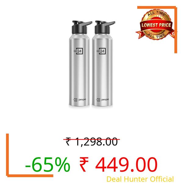 Go24 pexpo Water Bottle 1 ltr Stainless Steel Sports/Fridge Bottle with Sipper Cap (Pack of 2)| 1-Year Warranty | Single Wall | For Home, Office, Gym, Travelling | Craft Pro 950ml | Silver